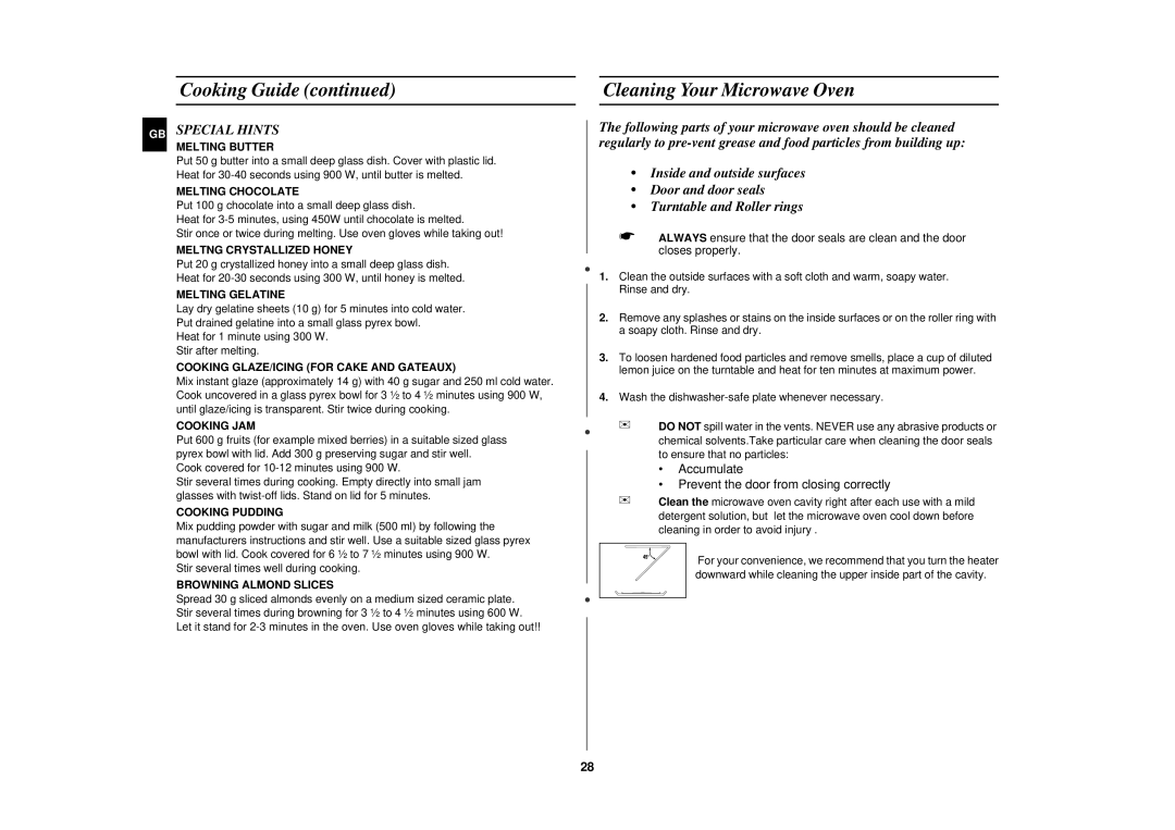 Samsung CE2927N/XET manual Cleaning Your Microwave Oven, GB Special Hints 