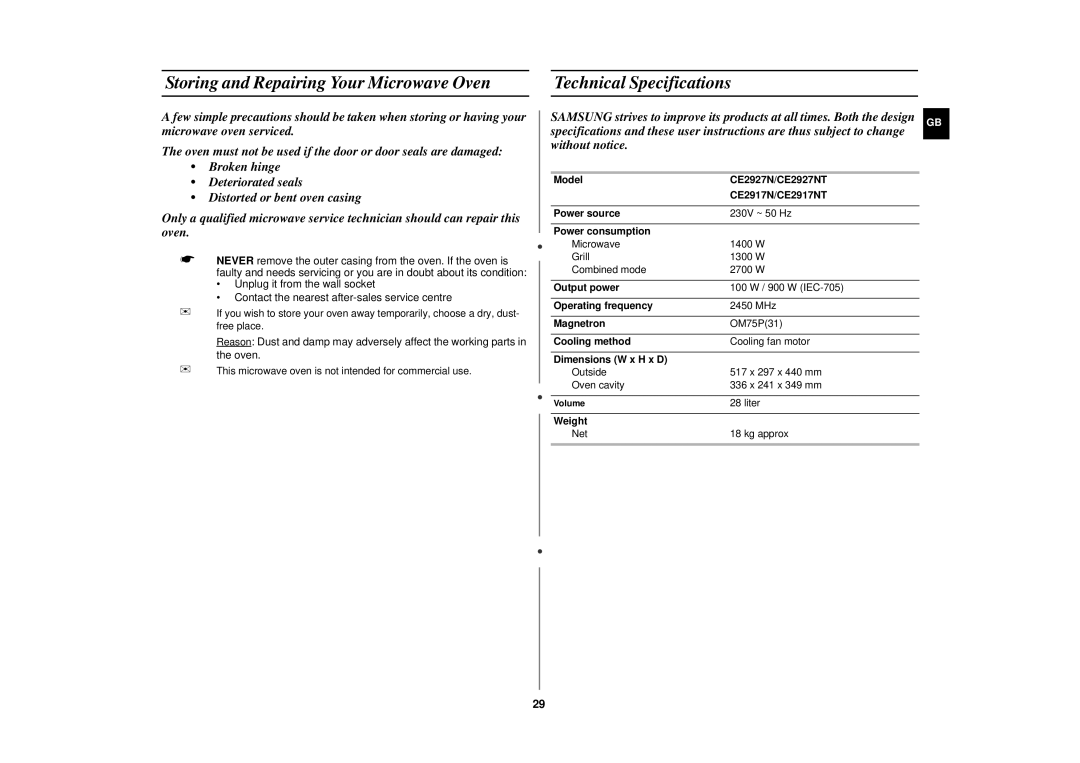 Samsung CE2927N/XET manual Storing and Repairing Your Microwave Oven, Technical Specifications 