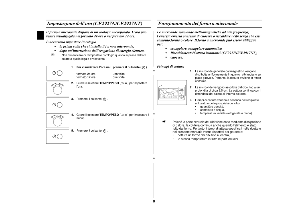 Samsung CE2927N/XET manual Impostazione dell’ora CE2927N/CE2927NT, Funzionamento del forno a microonde 