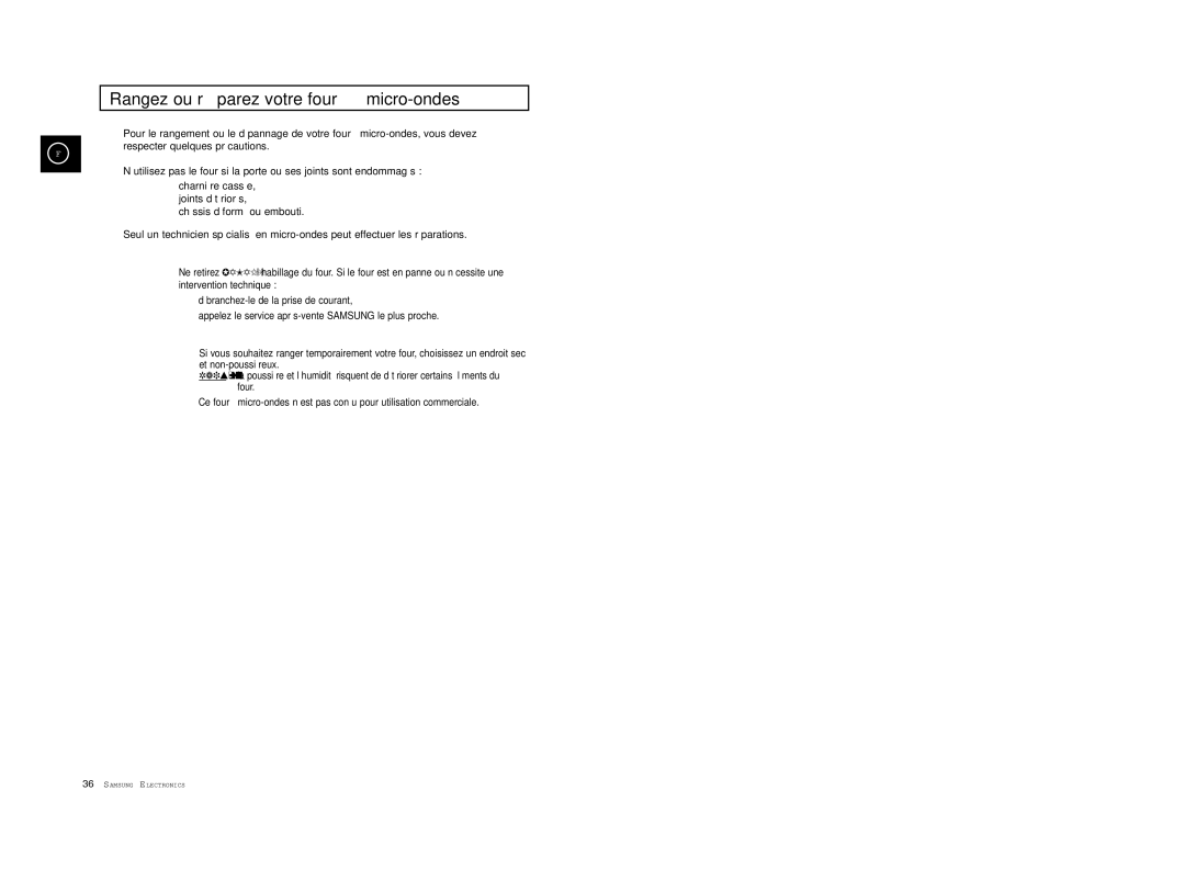 Samsung CE2927/XEF, CE2927T/XEF manual Rangez ou ré parez votre four à micro-ondes 