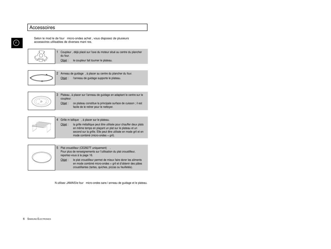 Samsung CE2927T/XEF, CE2927/XEF manual Accessoires, Plat croustilleur CE2927T uniquement 