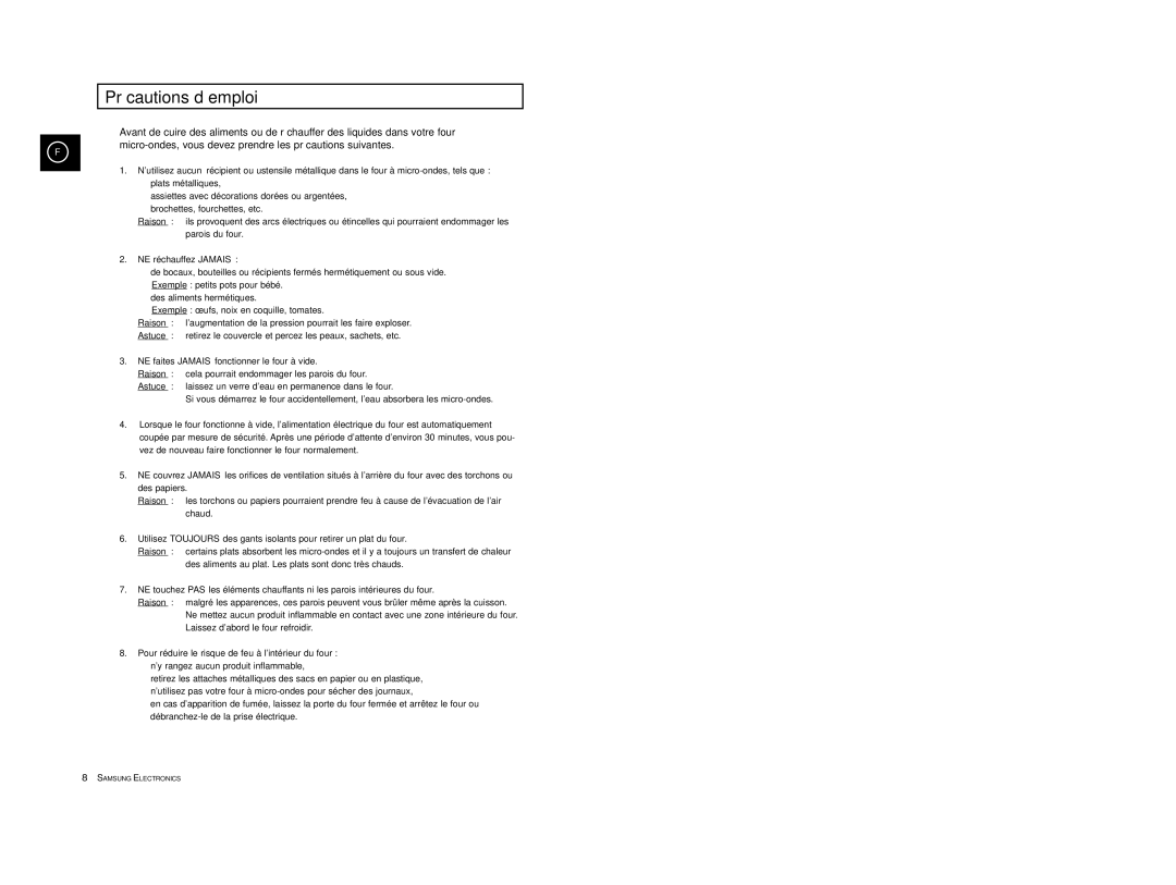 Samsung CE2927/XEF, CE2927T/XEF manual Précautions d’emploi 