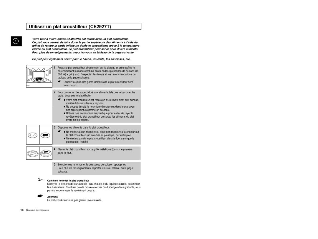 Samsung CE2927/XEF, CE2927T/XEF manual Utilisez un plat croustilleur CE2927T, Comment nettoyer le plat croustilleur 