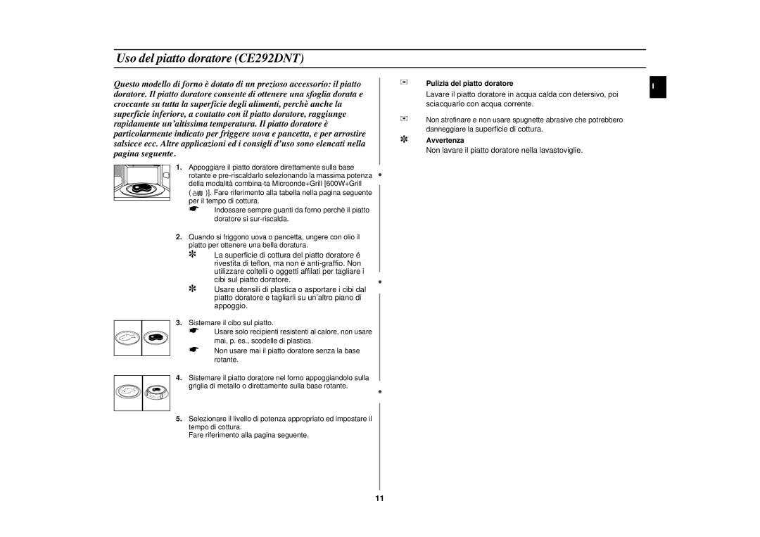 Samsung CE292DN-5/XET, CE292DN-5S/XET, CE292DN/XET manual Uso del piatto doratore CE292DNT, Pulizia del piatto doratore 