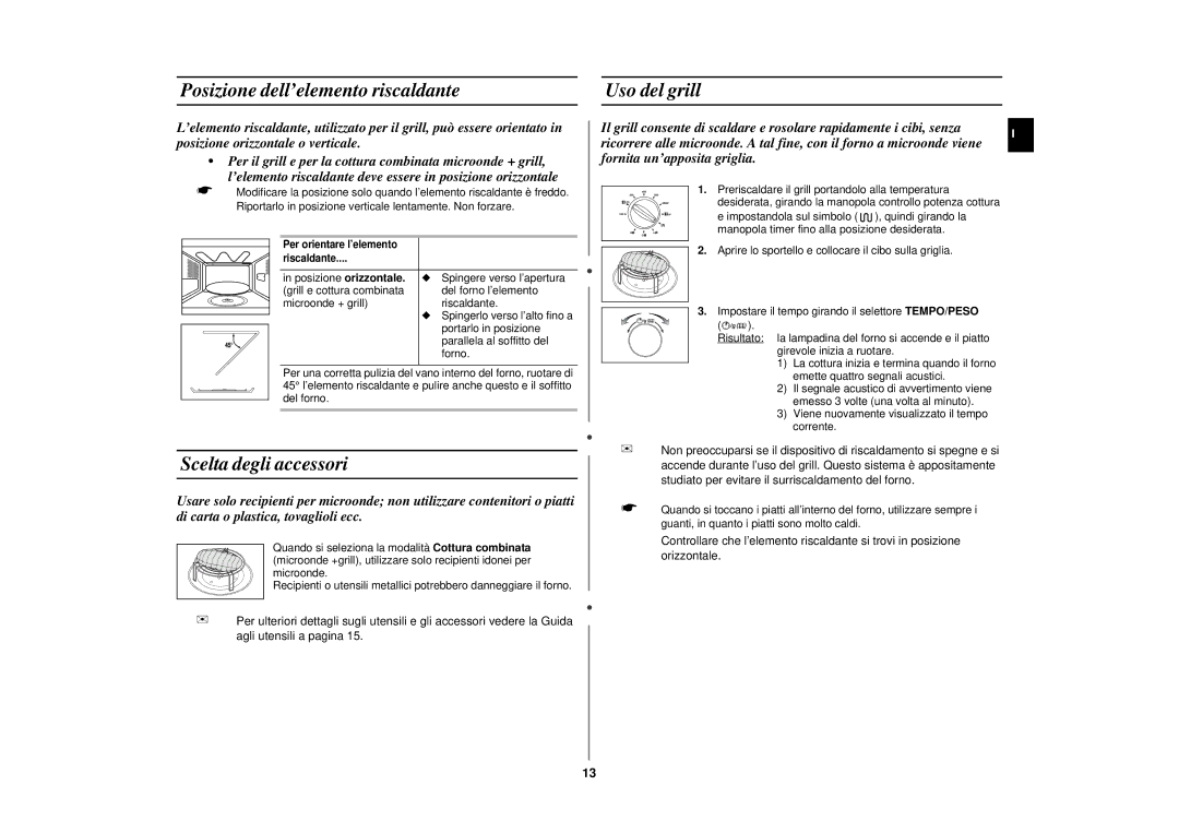 Samsung CE292DN/XET, CE292DN-5S/XET manual Posizione dell’elemento riscaldante, Scelta degli accessori, Uso del grill 