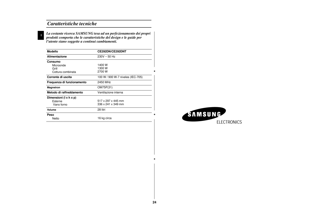 Samsung CE292DN-5S/XET, CE292DN/XET, CE292DN-5/XET manual Caratteristiche tecniche, CE292DN/CE292DNT 