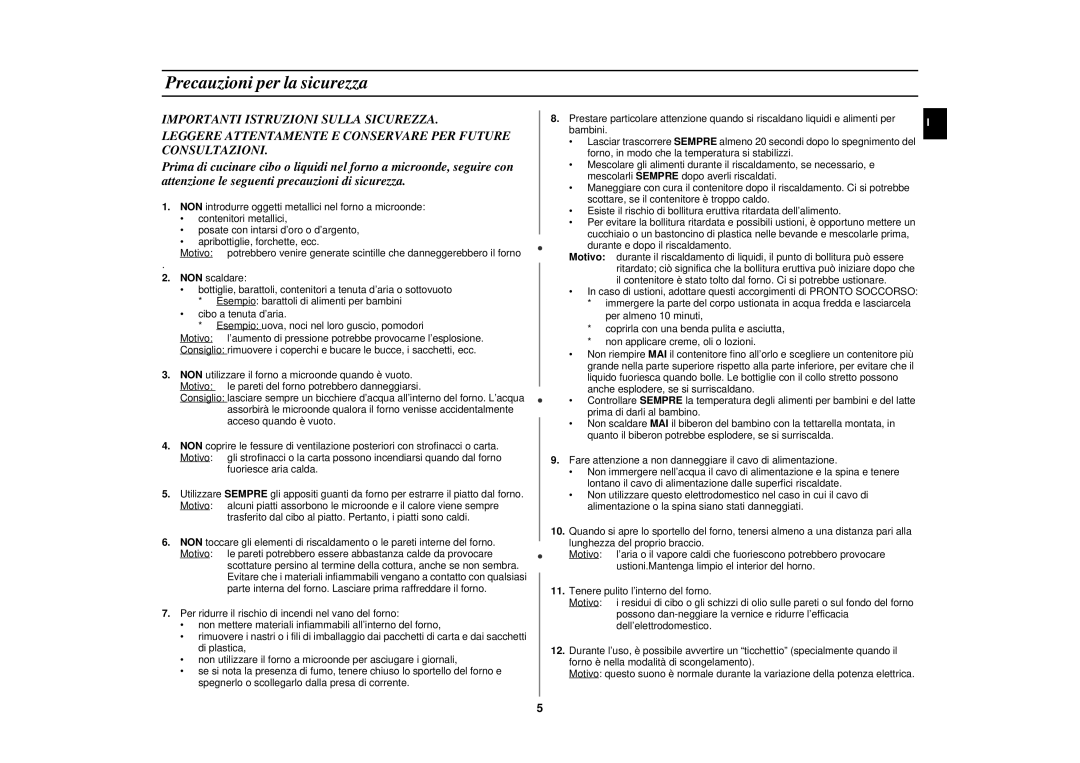 Samsung CE292DN-5/XET, CE292DN-5S/XET, CE292DN/XET manual Precauzioni per la sicurezza 