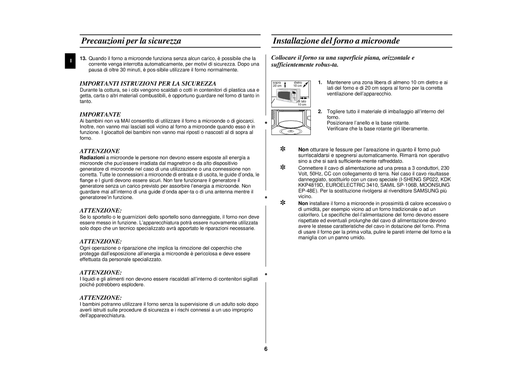 Samsung CE292DN-5S/XET Installazione del forno a microonde, Importanti Istruzioni PER LA Sicurezza, Importante, Attenzione 