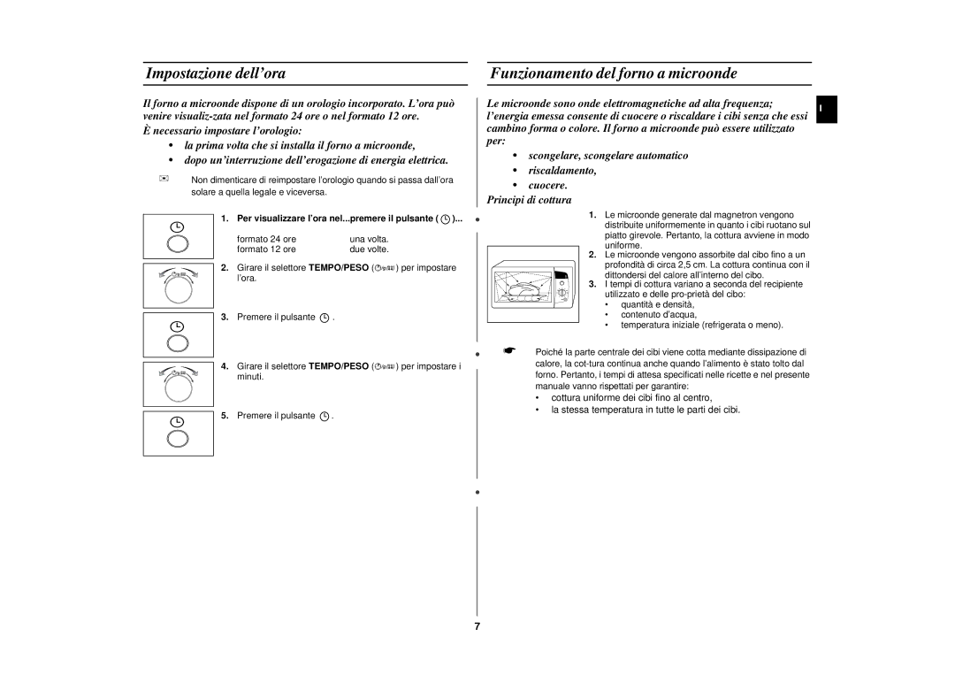 Samsung CE292DN/XET, CE292DN-5S/XET, CE292DN-5/XET manual Impostazione dell’ora, Funzionamento del forno a microonde 