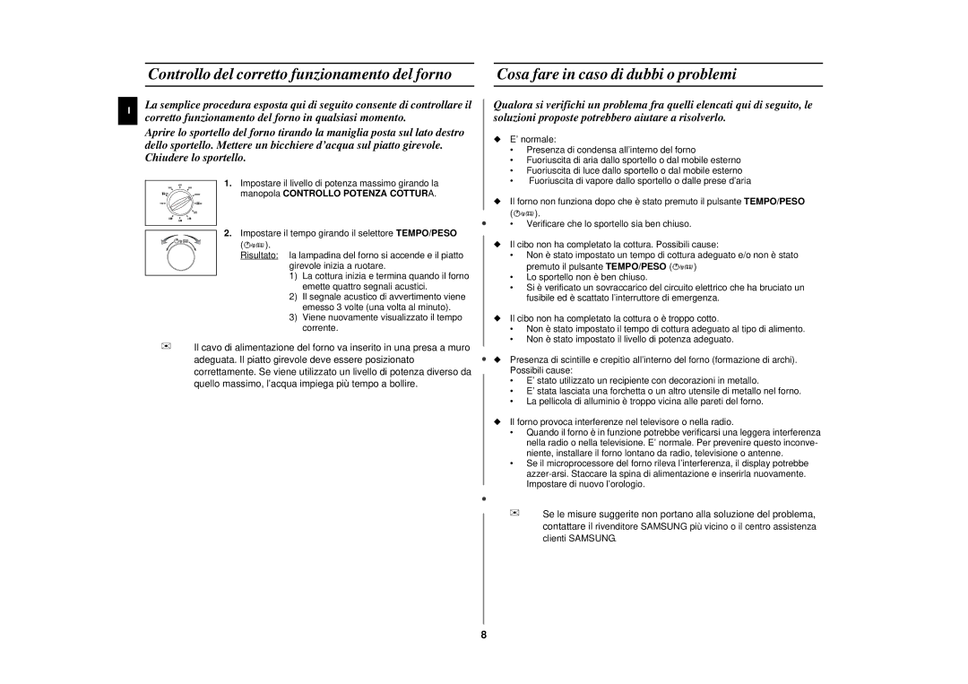 Samsung CE292DN-5/XET, CE292DN/XET Controllo del corretto funzionamento del forno, Cosa fare in caso di dubbi o problemi 