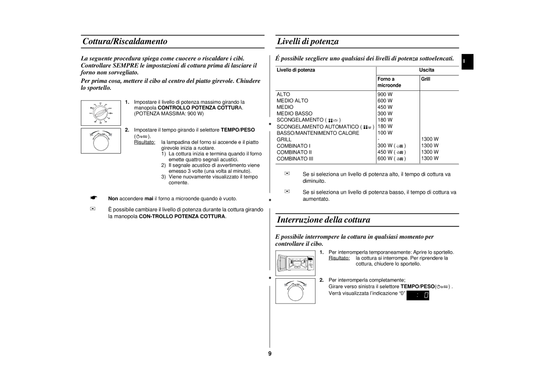 Samsung CE292DN-5S/XET, CE292DN/XET manual Cottura/Riscaldamento, Livelli di potenza, Interruzione della cottura, Uscita 