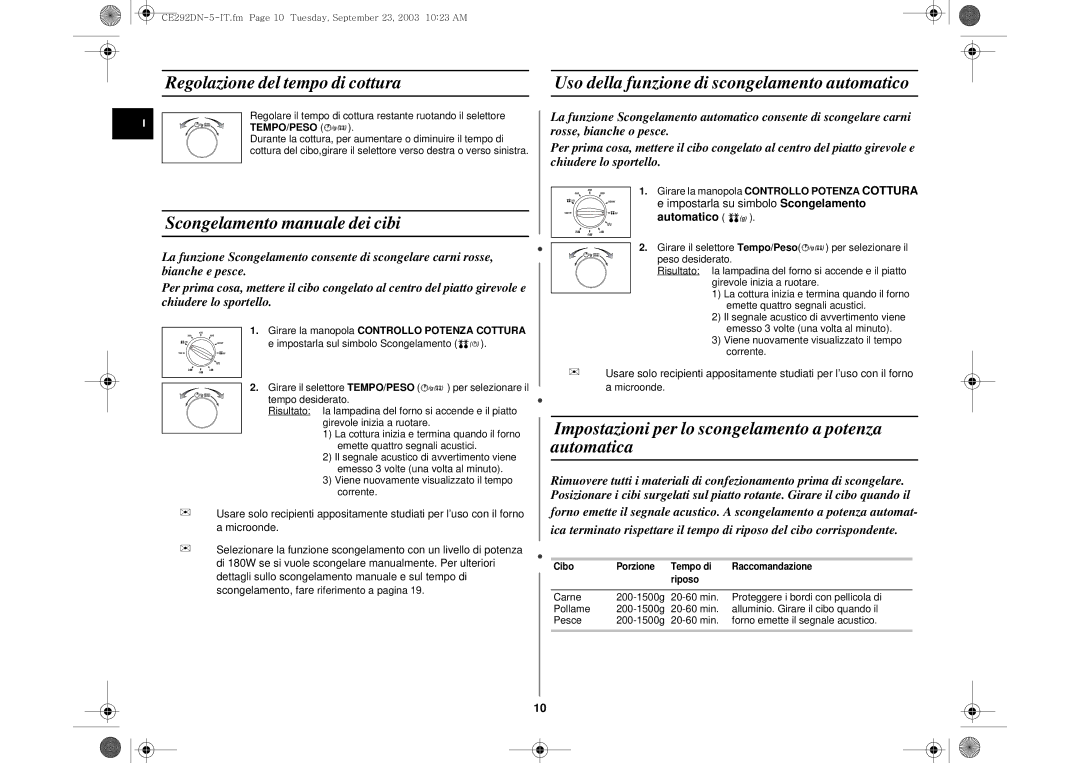 Samsung CE292DN/XET, CE292DN-5S/XET, CE292DN-5/XET Regolazione del tempo di cottura, Scongelamento manuale dei cibi 