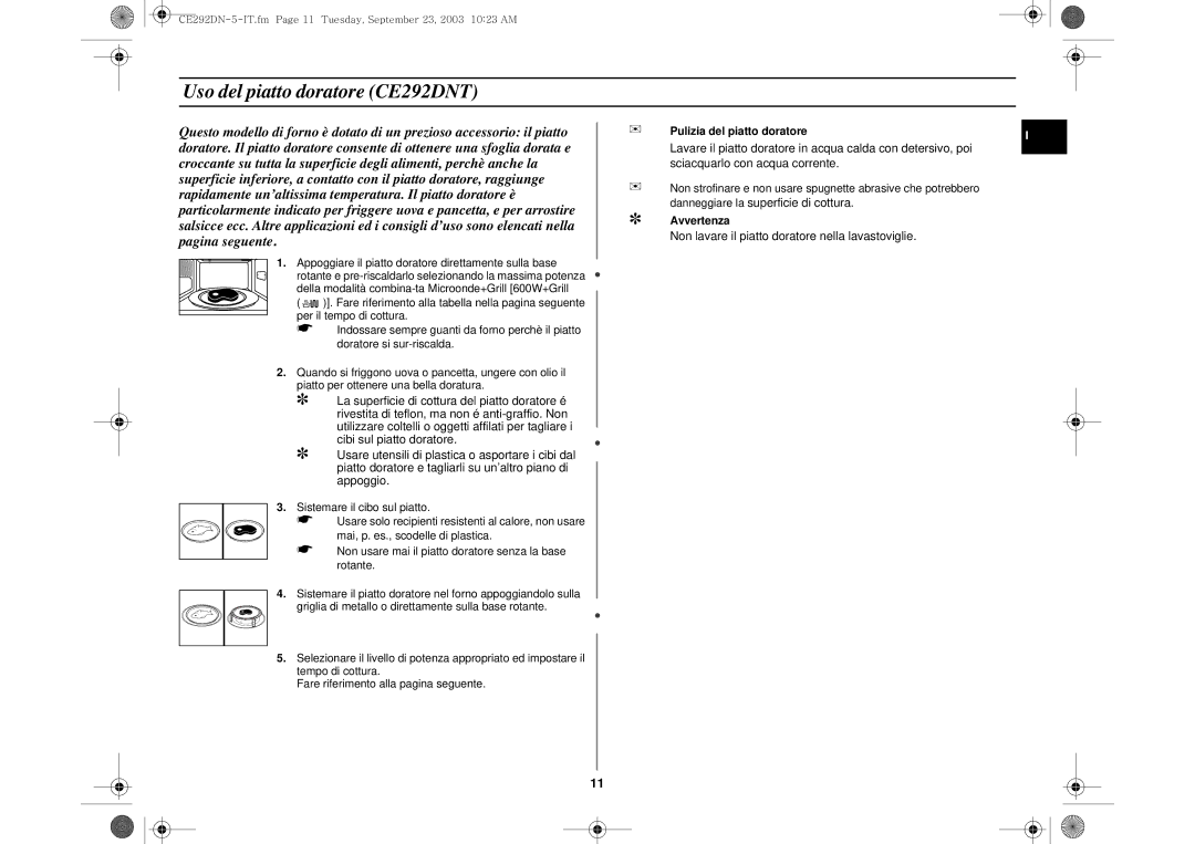 Samsung CE292DN-5/XET, CE292DN-5S/XET, CE292DN/XET manual Uso del piatto doratore CE292DNT, Pulizia del piatto doratore 