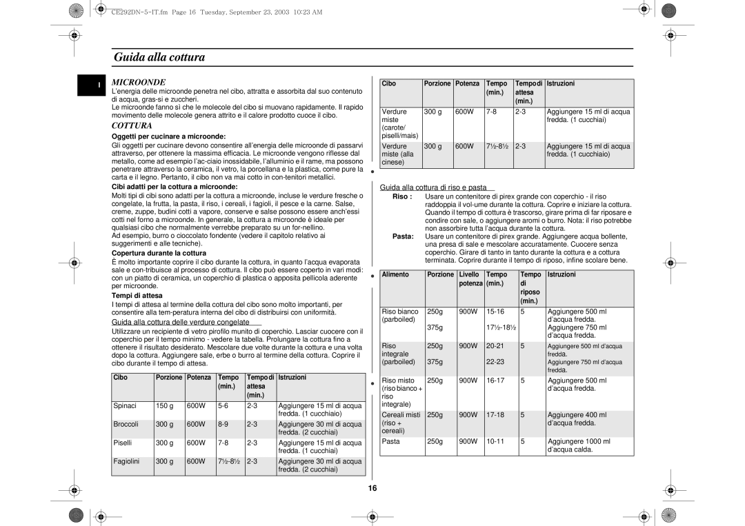 Samsung CE292DN/XET Microonde, Cottura, Guida alla cottura delle verdure congelate, Guida alla cottura di riso e pasta 