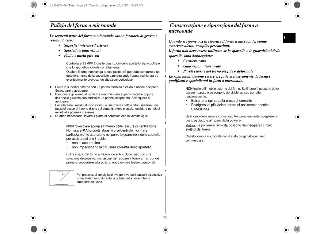 Samsung CE292DN-5/XET, CE292DN-5S/XET Pulizia del forno a microonde, Conservazione e riparazione del forno a microonde 