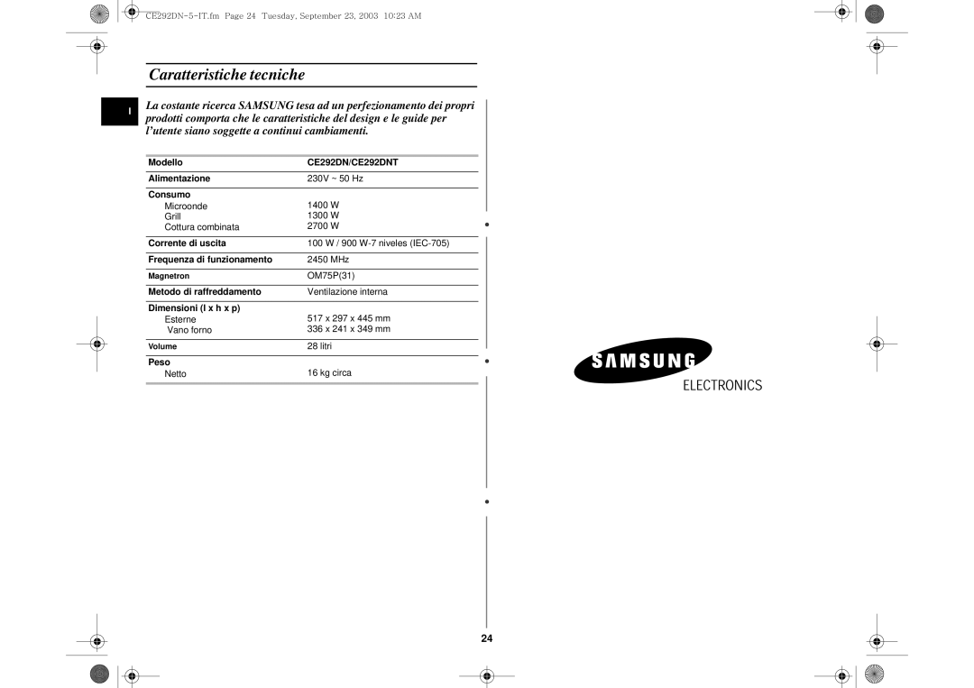 Samsung CE292DN-5S/XET, CE292DN/XET, CE292DN-5/XET manual Caratteristiche tecniche, CE292DN/CE292DNT 