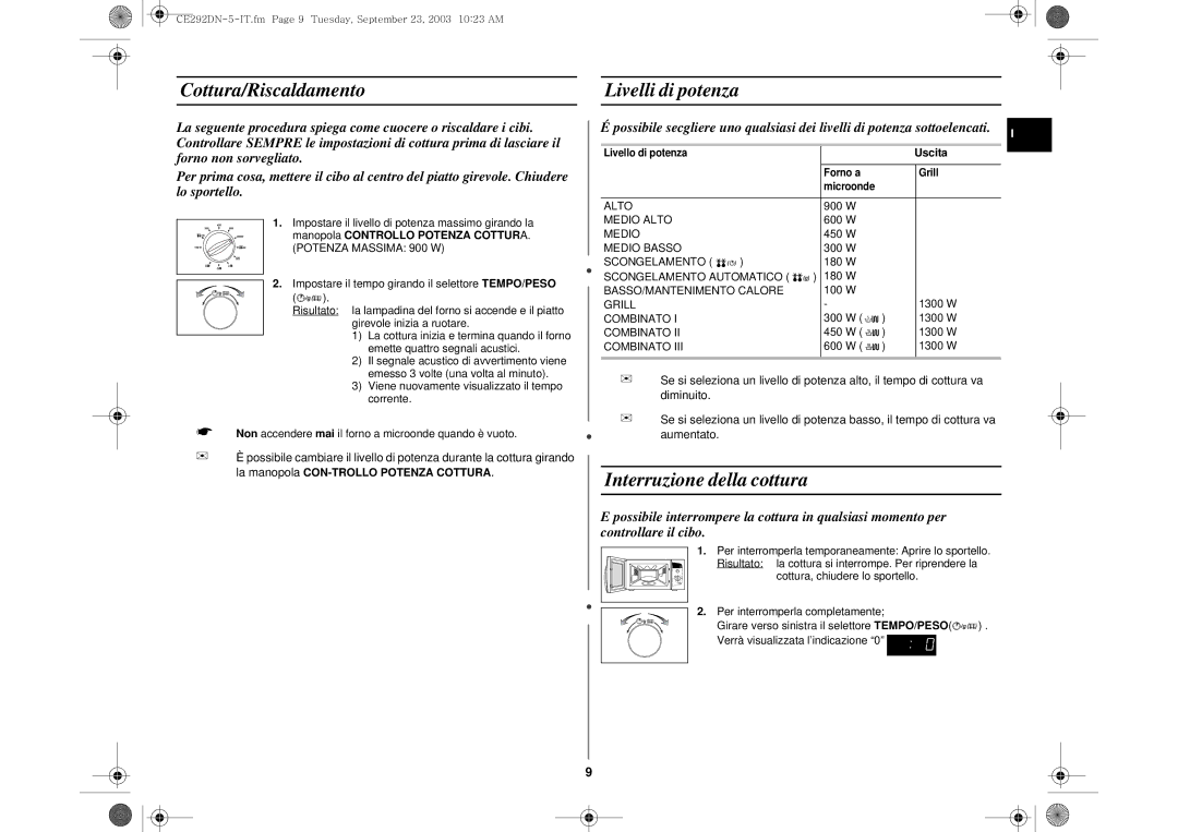 Samsung CE292DN-5S/XET, CE292DN/XET manual Cottura/Riscaldamento, Livelli di potenza, Interruzione della cottura, Uscita 