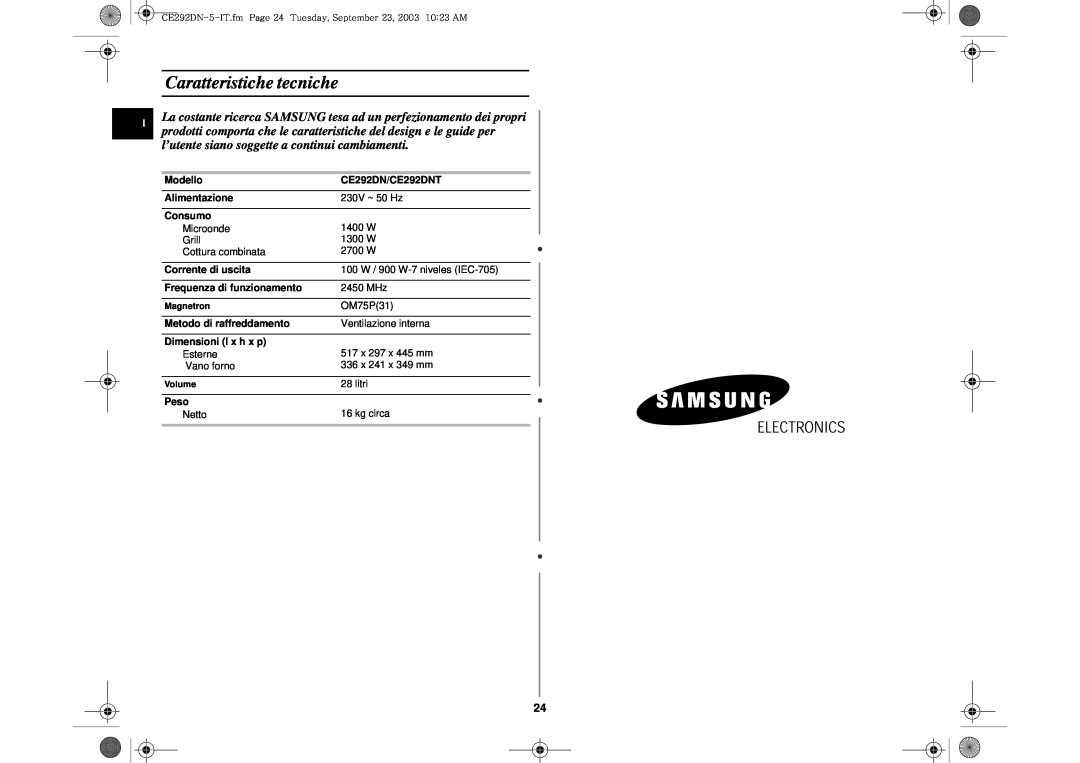 Samsung CE292DN-5S/XET Caratteristiche tecniche, Modello, CE292DN/CE292DNT, Alimentazione, Consumo, Corrente di uscita 