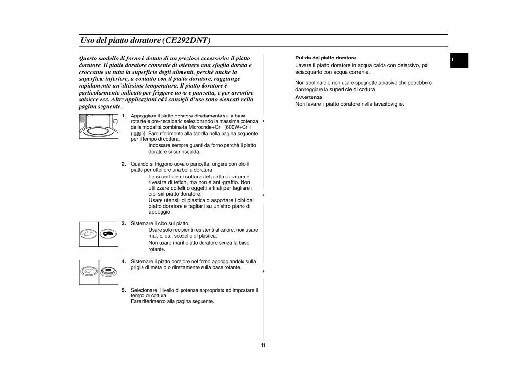 Samsung manual Uso del piatto doratore CE292DNT, Pulizia del piatto doratore 