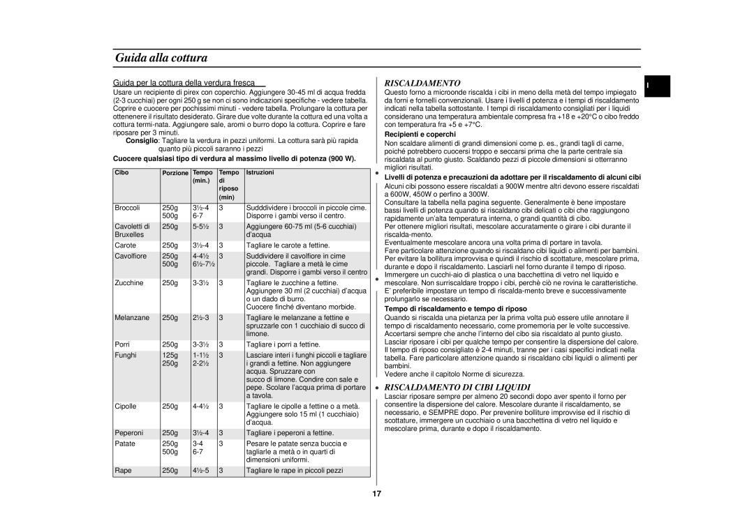 Samsung CE292DNT manual Riscaldamento DI Cibi Liquidi, Recipienti e coperchi, Tempo di riscaldamento e tempo di riposo 