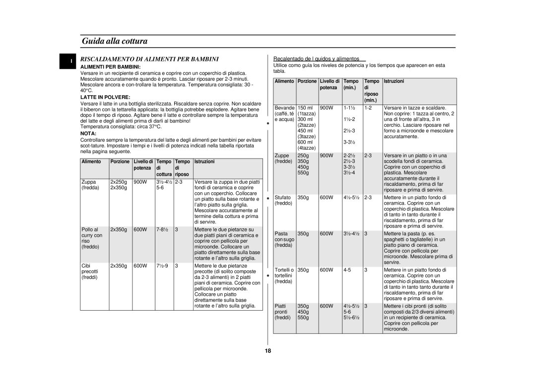 Samsung CE292DN manual Riscaldamento DI Alimenti PER Bambini, Latte in Polvere, Nota, Recalentado de líquidos y alimentos 