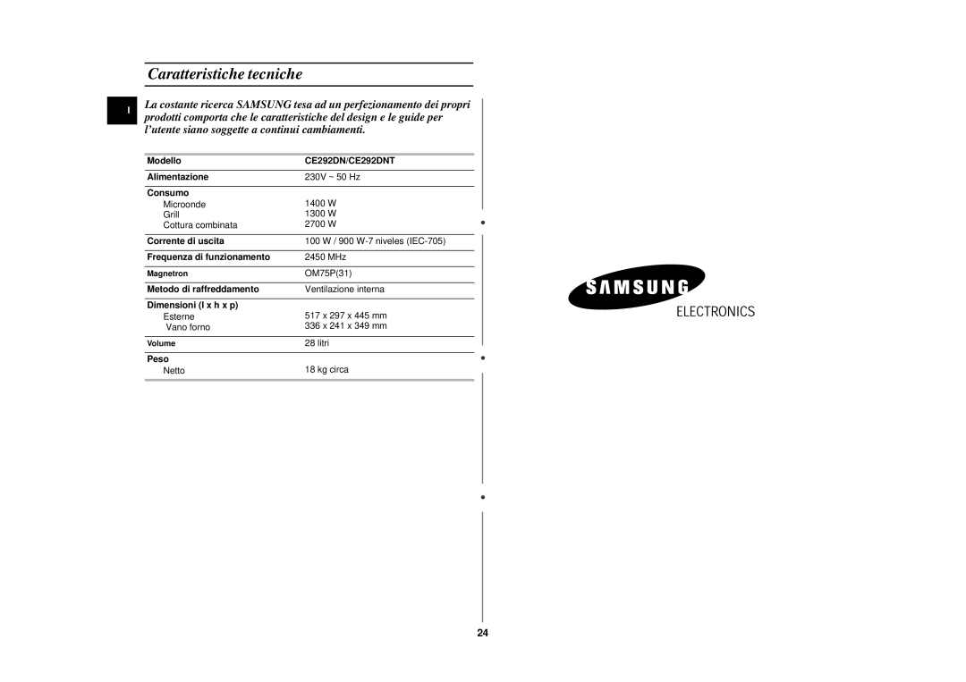 Samsung manual Caratteristiche tecniche, CE292DN/CE292DNT 