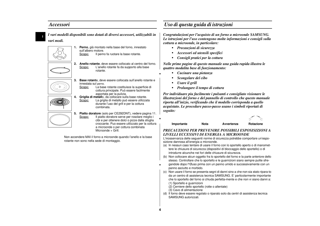 Samsung CE292DNT manual Accessori Uso di questa guida di istruzioni, Importante Nota Avvertenza 