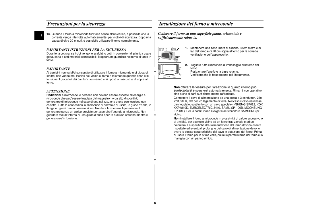 Samsung CE292DN manual Installazione del forno a microonde, Importanti Istruzioni PER LA Sicurezza, Importante, Attenzione 