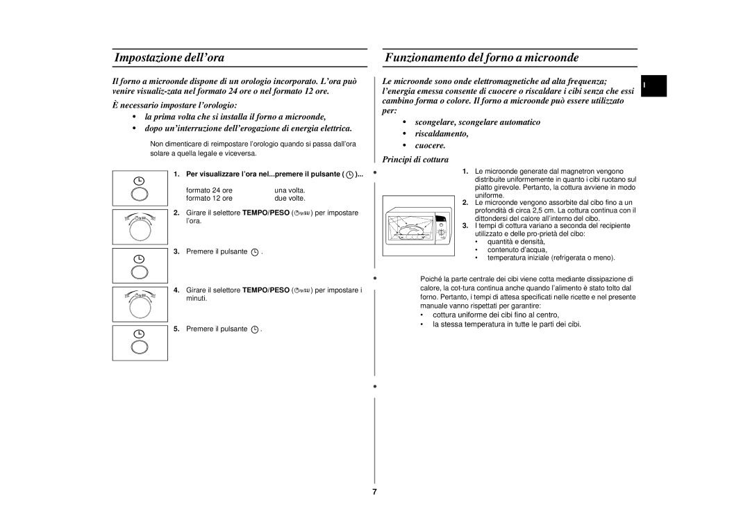 Samsung CE292DNT manual Impostazione dell’ora, Funzionamento del forno a microonde 