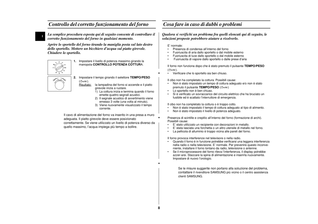 Samsung CE292DNT manual Controllo del corretto funzionamento del forno, Cosa fare in caso di dubbi o problemi 