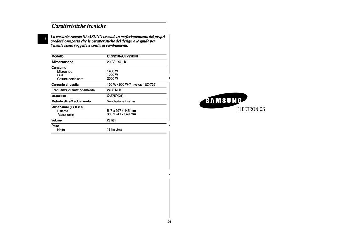 Samsung manual Caratteristiche tecniche, Modello, CE292DN/CE292DNT, Alimentazione, Consumo, Corrente di uscita, Peso 