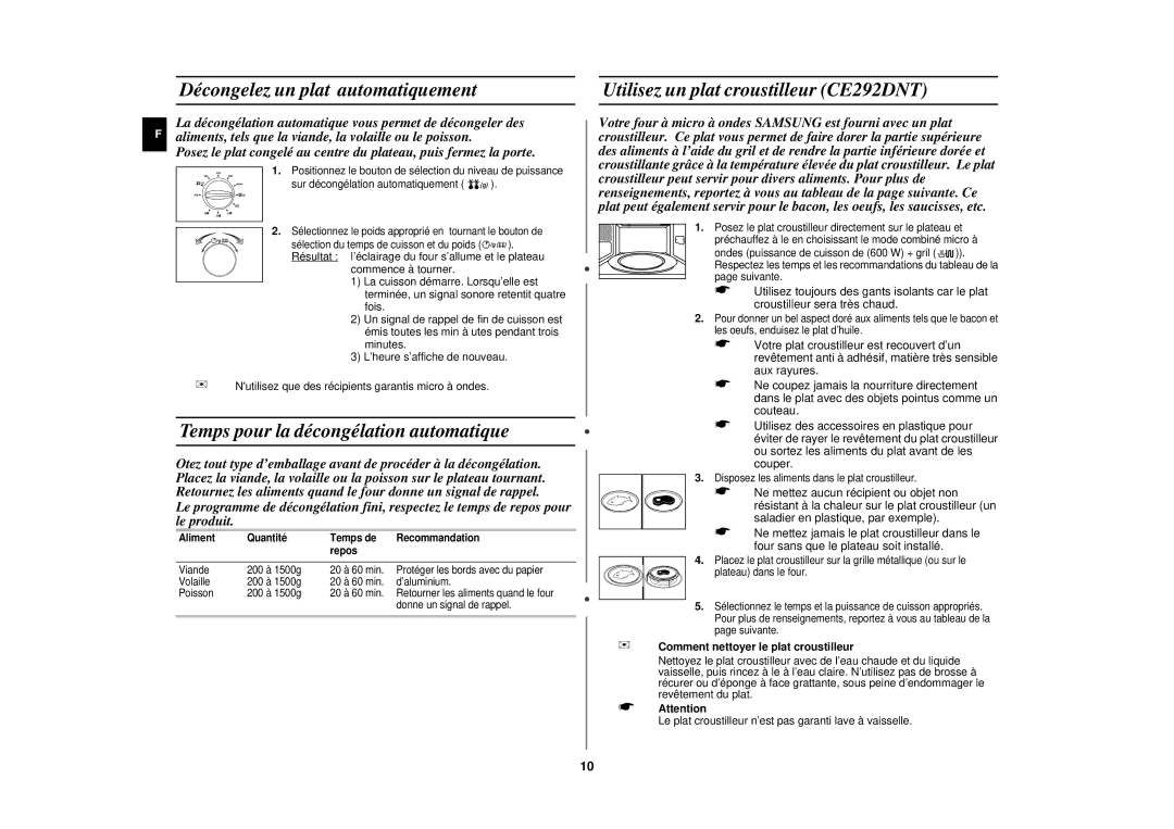 Samsung CE292DNT-5/XEF, CE292DNT/XEF manual Décongelez un plat automatiquement, Temps pour la décongélation automatique 