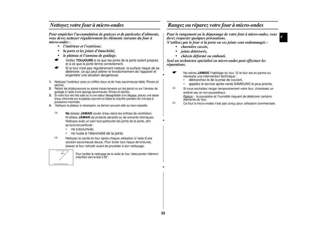 Samsung CE292DNT/XEF, CE292DNT-5/XEF manual Nettoyez votre four à micro-ondes, Rangez ou réparez votre four à micro-ondes 