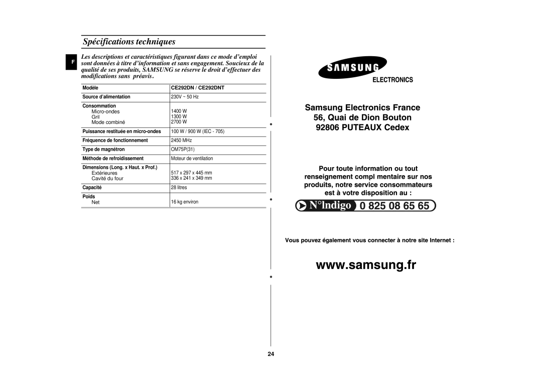 Samsung CE292DNT-5/XEF, CE292DNT/XEF manual Spécifications techniques, CE292DN / CE292DNT 