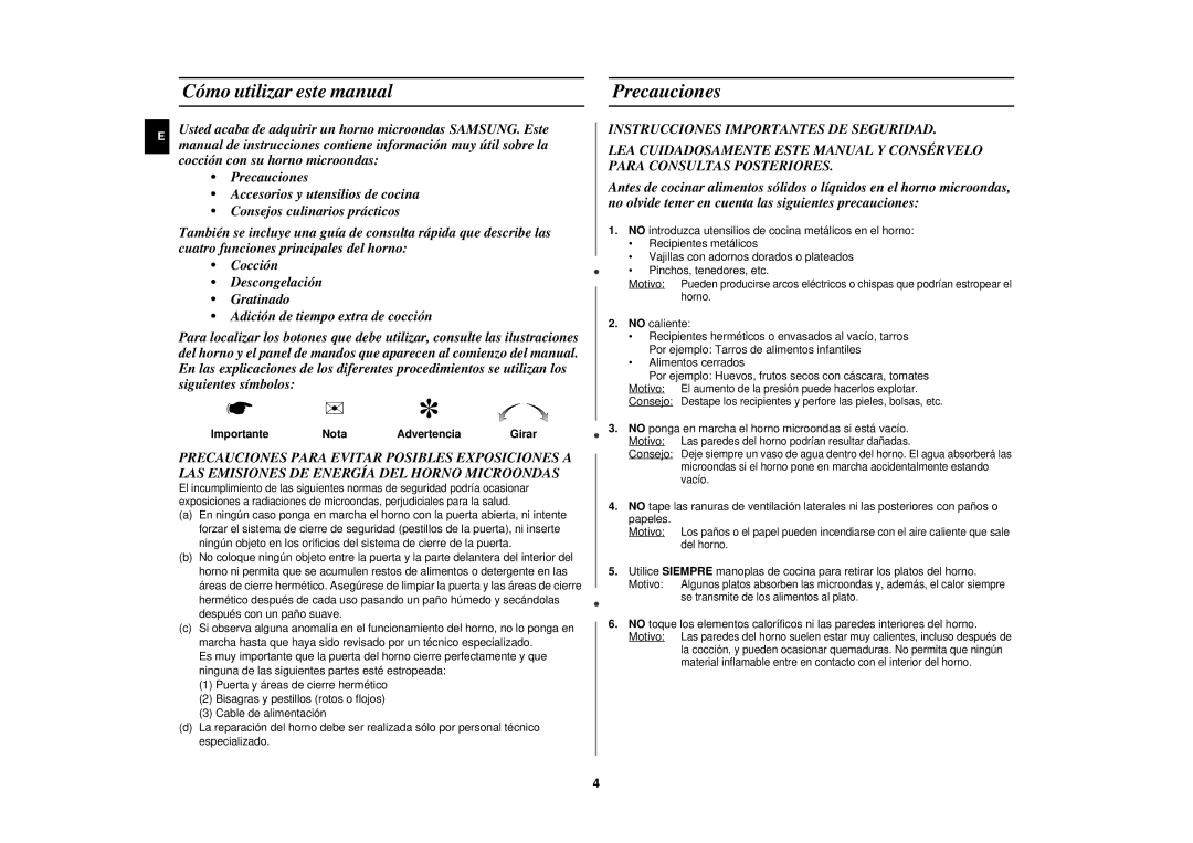 Samsung CE292DN/XEC, CE292DN-5/XEC Cómo utilizar este manual, Precauciones, Importante Nota Advertencia, Girar 