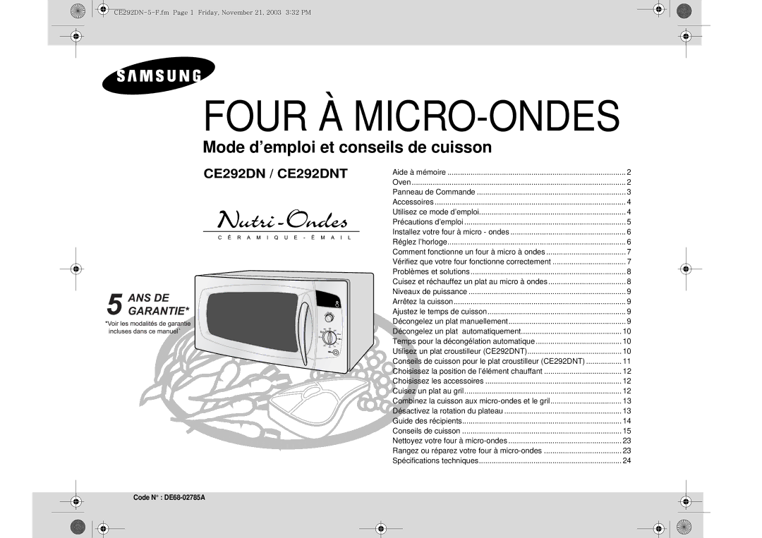 Samsung CE292DN-5/XEF, CE292DN/XEF manual Vérifiez que votre four fonctionne correctement, Code N DE68-02785A 