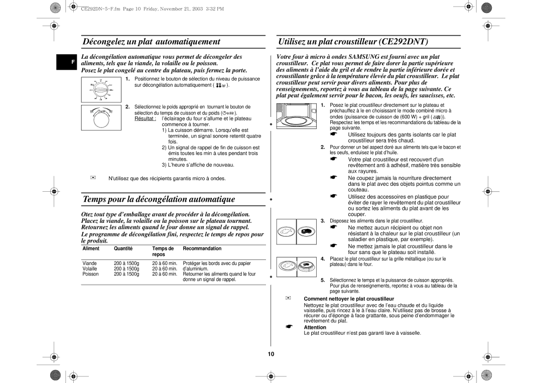 Samsung CE292DN/XEF, CE292DN-5/XEF manual Temps pour la décongélation automatique, Comment nettoyer le plat croustilleur 