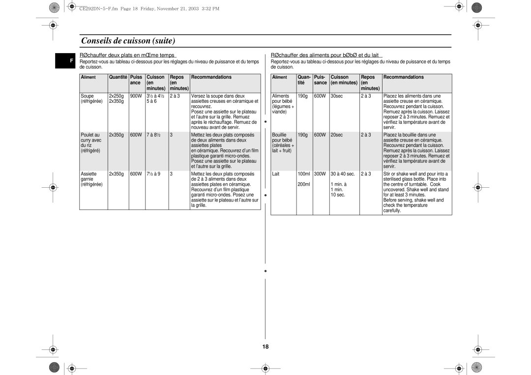 Samsung CE292DN/XEF, CE292DN-5/XEF manual Réchauffer deux plats en même temps, Réchauffer des aliments pour bébé et du lait 