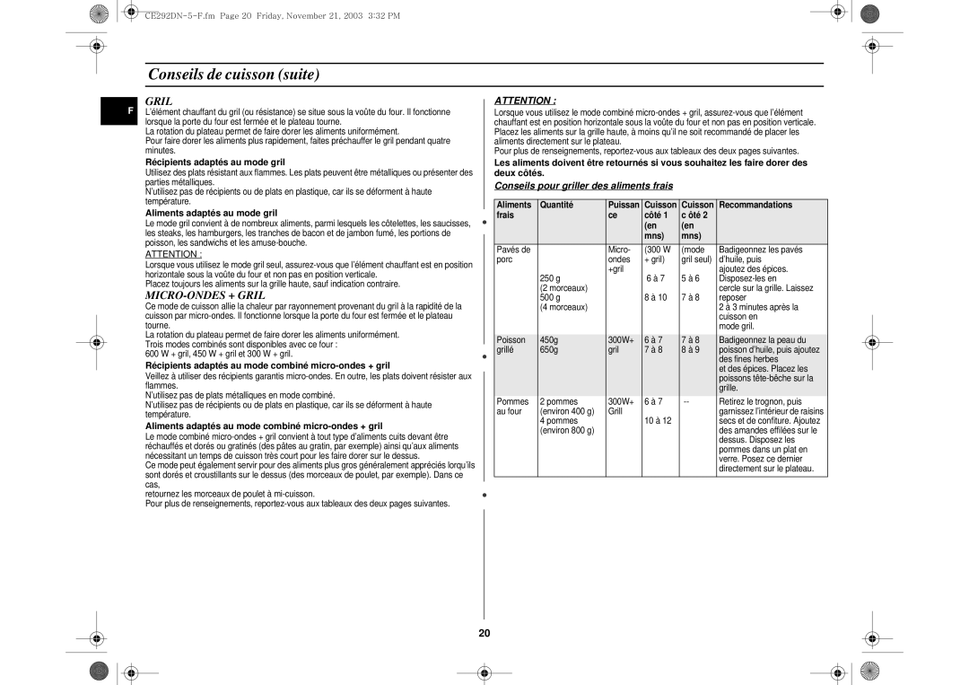 Samsung CE292DN/XEF, CE292DN-5/XEF manual MICRO-ONDES + Gril, Conseils pour griller des aliments frais 