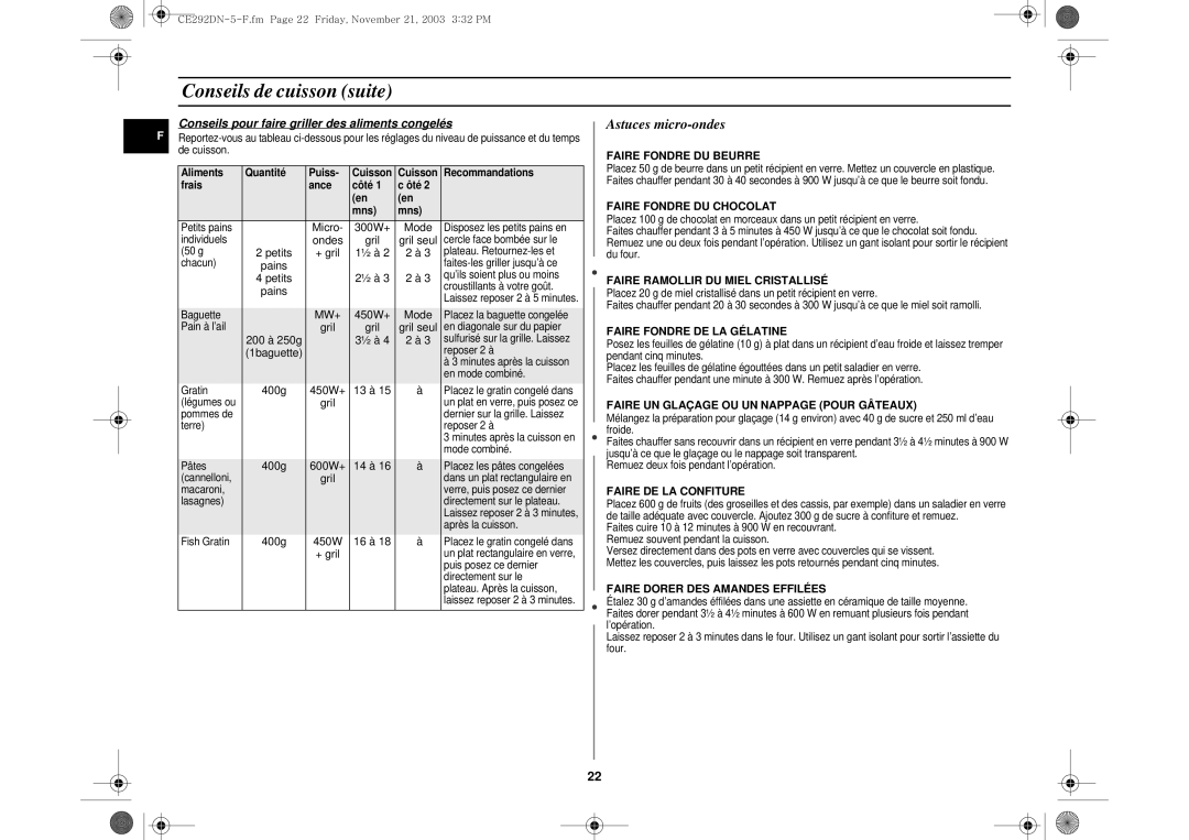 Samsung CE292DN/XEF, CE292DN-5/XEF manual Astuces micro-ondes, Conseils pour faire griller des aliments congelés 