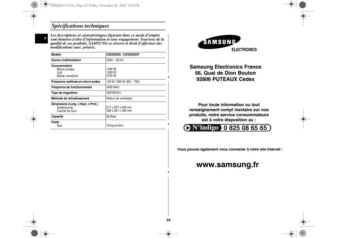 Samsung CE292DN/XEF, CE292DN-5/XEF manual Spécifications techniques, CE292DN / CE292DNT 