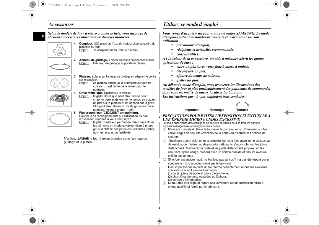 Samsung CE292DN/XEF, CE292DN-5/XEF manual Accessoires Utilisez ce mode d’emploi, Objet le coupleur fait tourner le plateau 