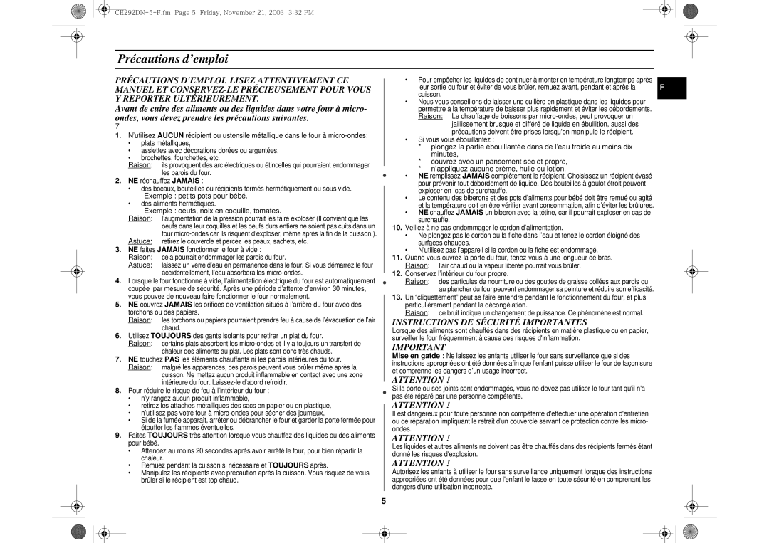 Samsung CE292DN-5/XEF Précautions d’emploi, Instructions DE Sécurité Importantes, Exemple oeufs, noix en coquille, tomates 