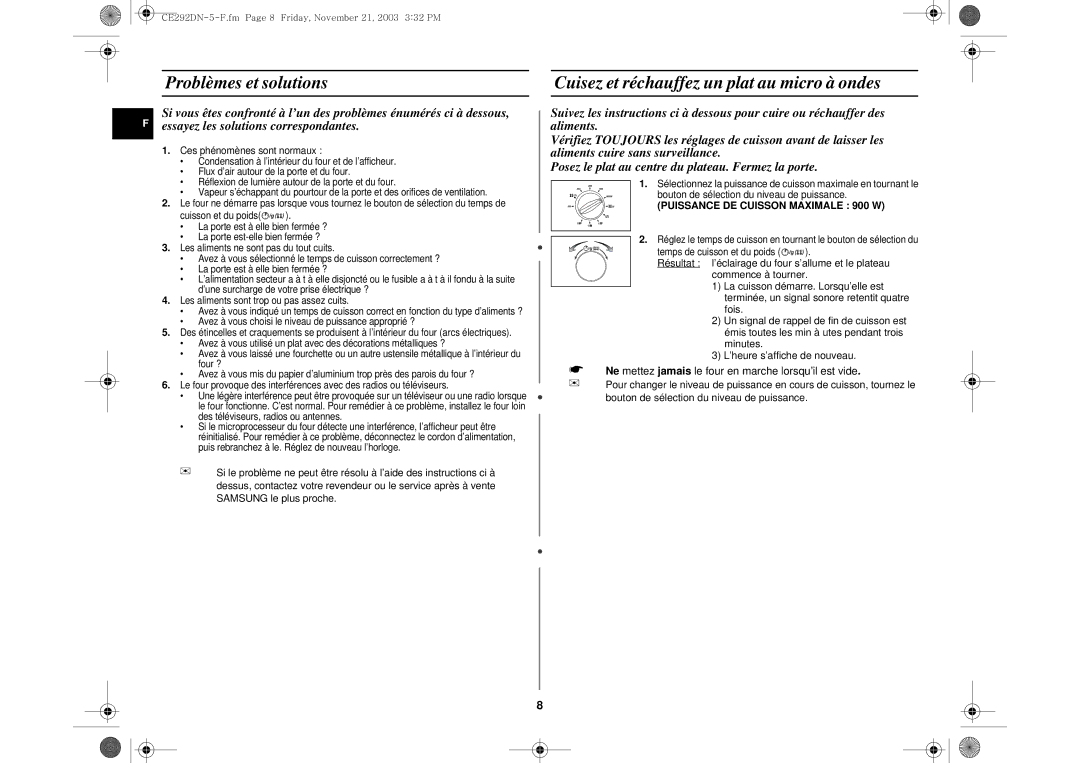 Samsung CE292DN/XEF, CE292DN-5/XEF manual Problèmes et solutions, Cuisez et réchauffez un plat au micro à ondes 