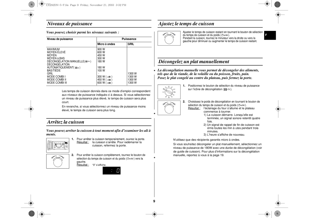 Samsung CE292DN-5/XEF, CE292DN/XEF manual Niveaux de puissance Ajustez le temps de cuisson, Arrêtez la cuisson, Puissance 