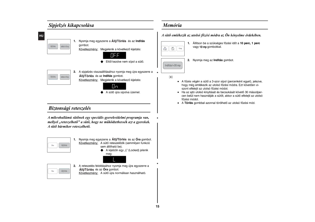 Samsung CE2944N-5S/XEH manual Sípjelzés kikapcsolása, Biztonsági reteszelés, Memória 