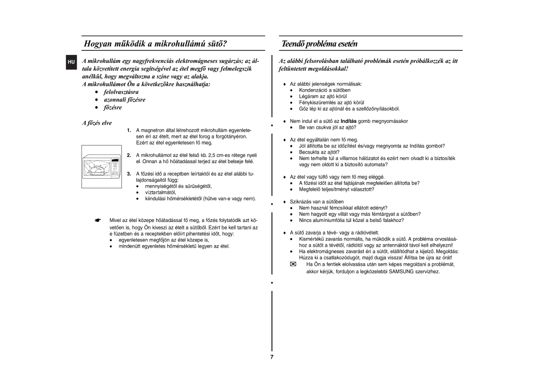 Samsung CE2944N-5S/XEH manual Hogyan mûködik a mikrohullámú sütõ?, Teendõ probléma esetén 