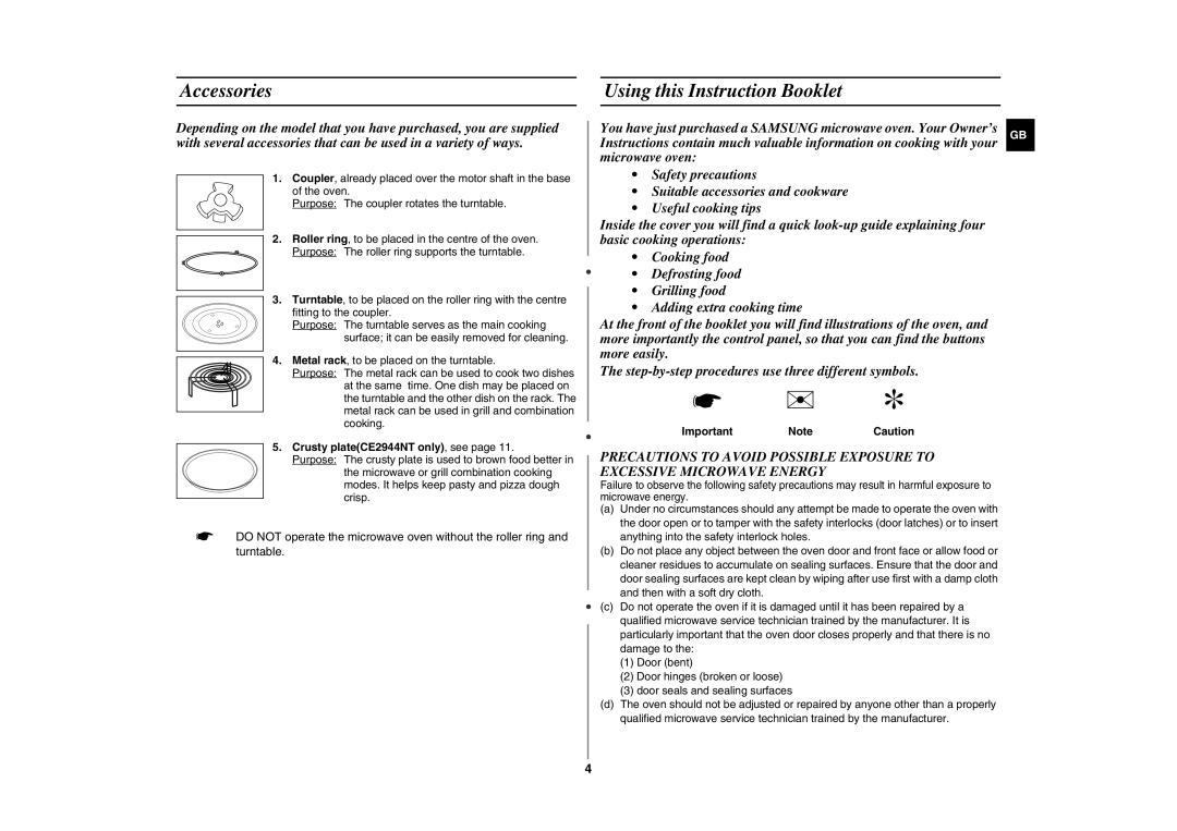 Samsung CE2944N-5S/XEH Accessories Using this Instruction Booklet, Crusty plateCE2944NT only, see, Important Note Caution 