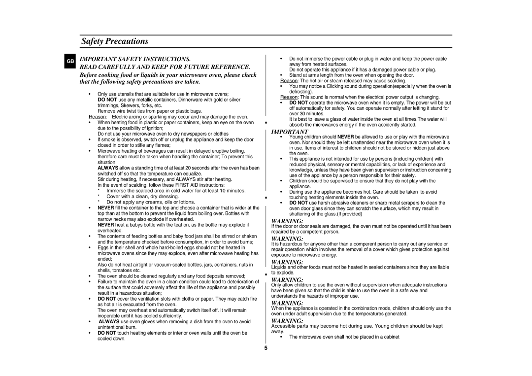 Samsung CE2944N-5S/XEH manual Safety Precautions 