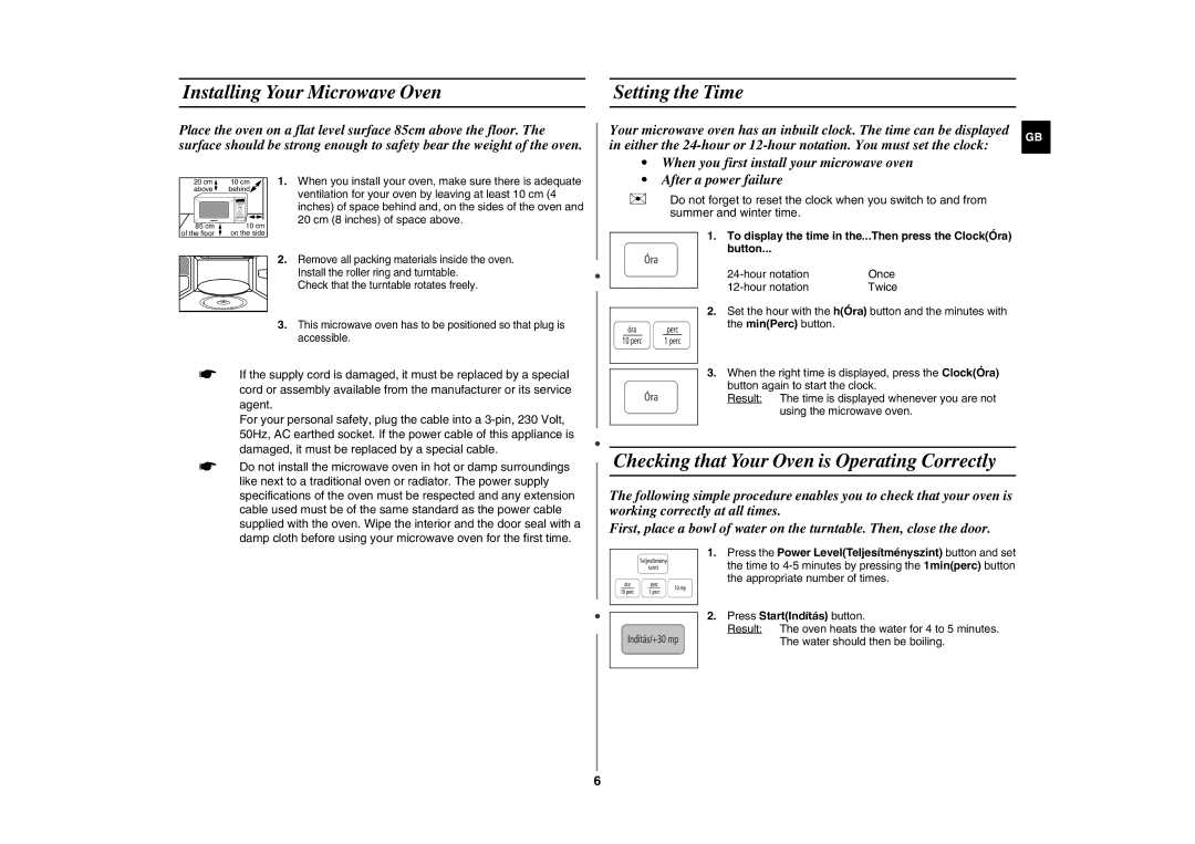 Samsung CE2944N-5S/XEH Installing Your Microwave Oven Setting the Time, Checking that Your Oven is Operating Correctly 